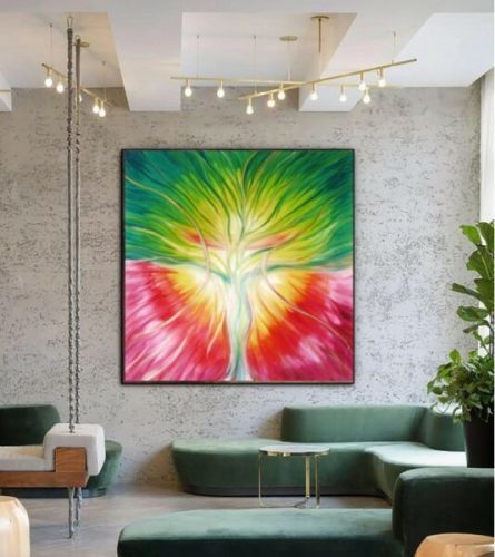 drzewo życia, obraz autorstwa ariany karimy, na ścianie w nowoczesnym wnętrzu, zielony, żółty, czerwony, obraz przebudzonej świadomości