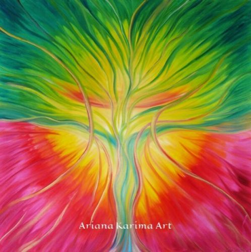 drzewo życia, obraz autorstwa ariany karimy, na ścianie w nowoczesnym wnętrzu, zielony, żółty, czerwony, obraz przebudzonej świadomości