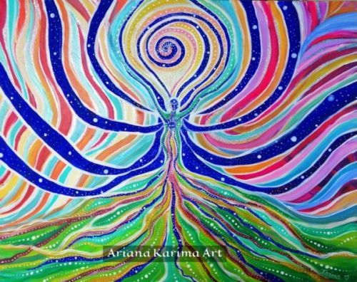 Jestem Kreacja I am Creation Ariana Karima postać w centrum wszechświata, połączona pasmami z istnieniem, ziemią i niebem