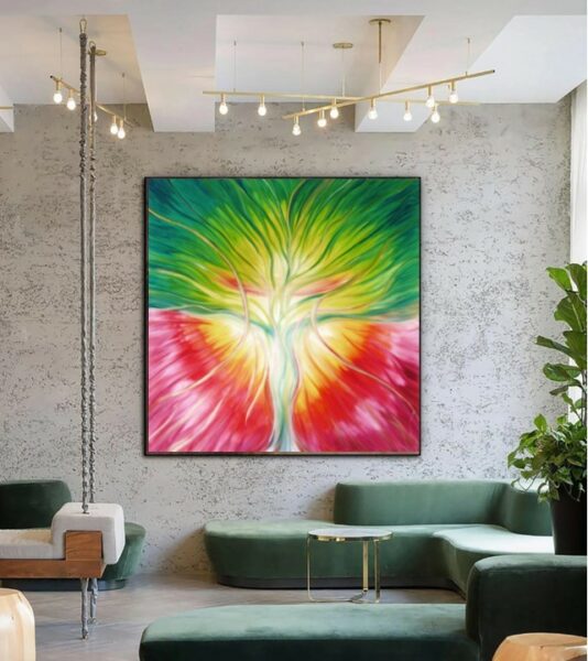 drzewo życia, obraz autorstwa ariany karimy, na ścianie w nowoczesnym wnętrzu, zielony, żółty, czerwony, obraz przebudzonej świadomości