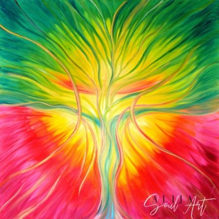 drzewo życia, obraz autorstwa ariany karimy, zielony, żółty, czerwony, obraz przebudzonej świadomości