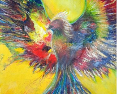 Ptak wolności obraz Alija Ariana Karima, kolorowy, Feniks z rozpostartymi skrzydłami, z kolekcji Alija Soul Art